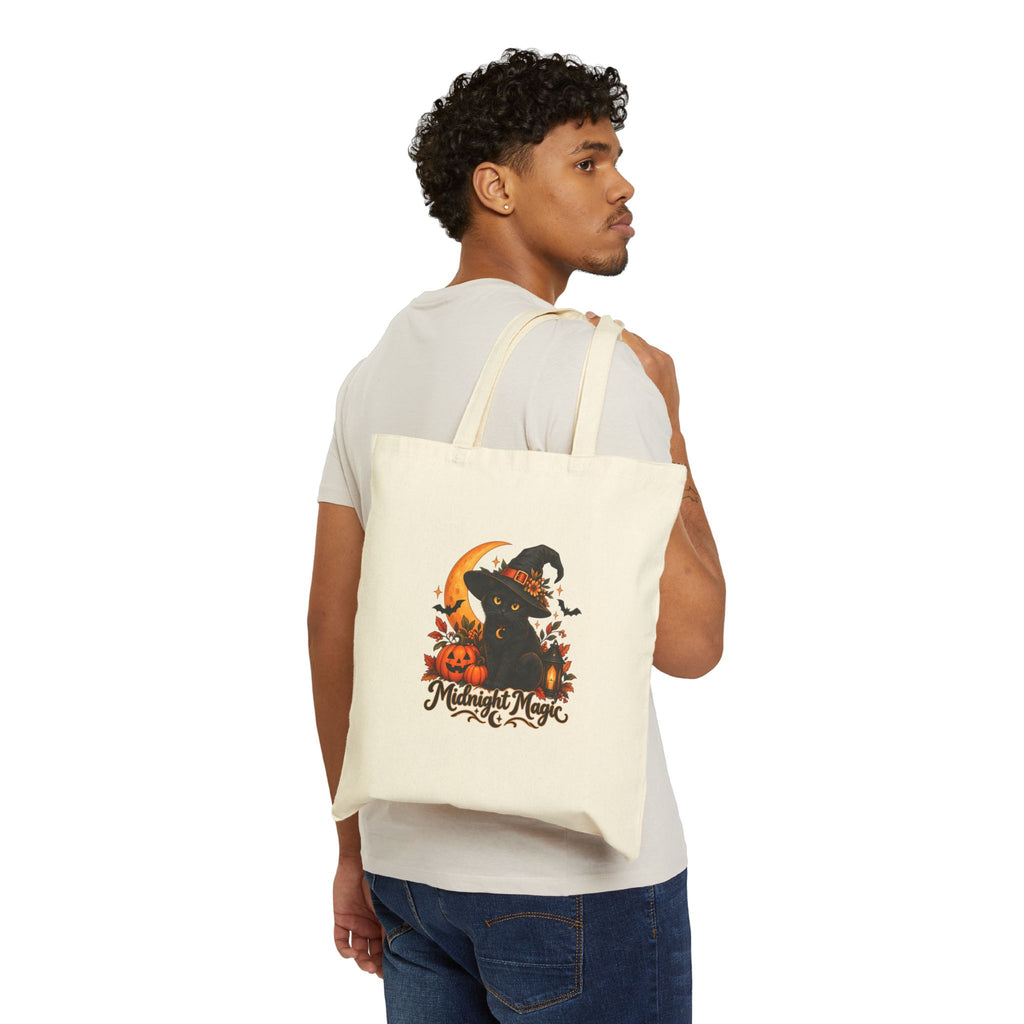 Midnight Magic Witchy Black Cat Tote Bag | Cute Spooky Canvas Book Bag