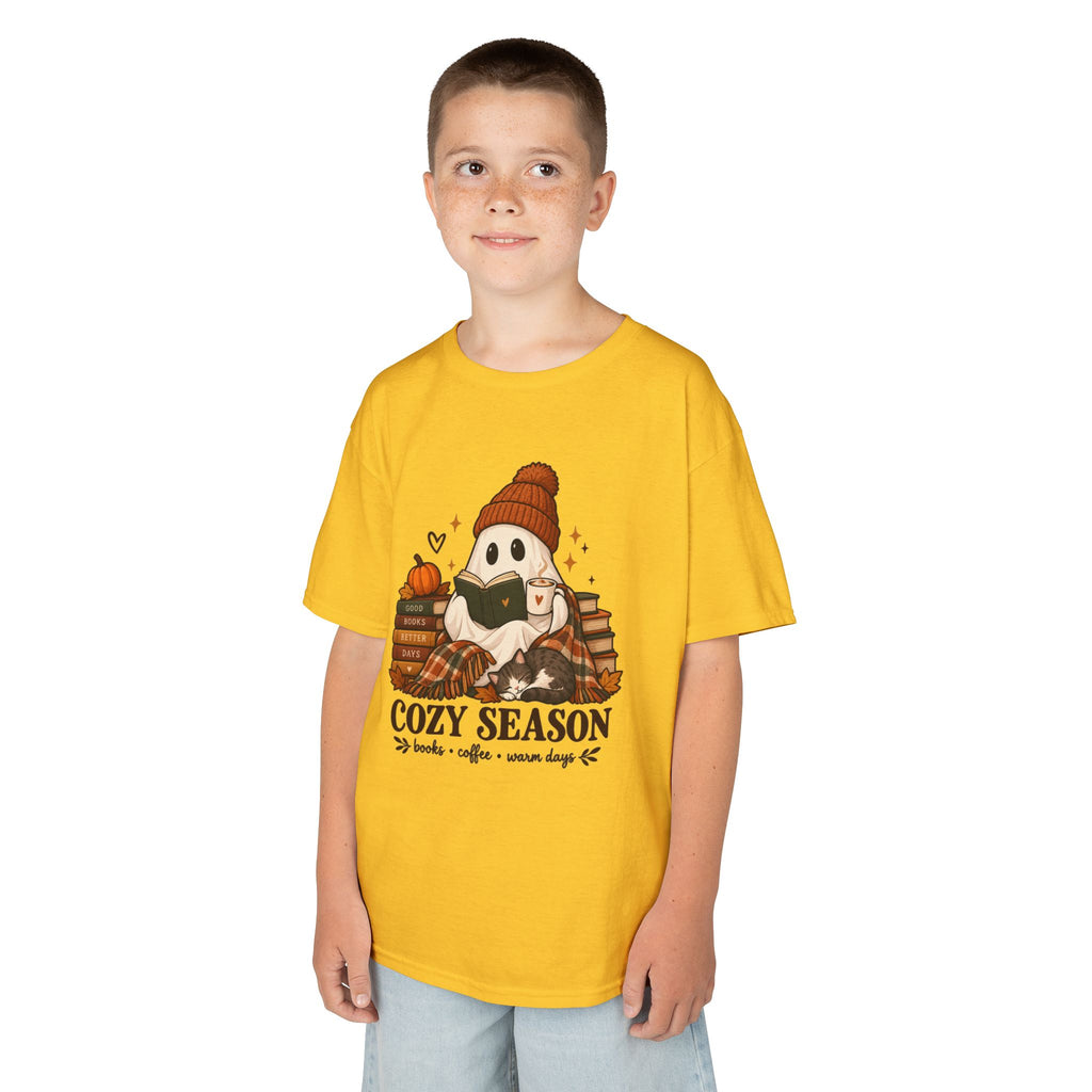 Kids Tee — "Cozy Season" Cute Ghost with Books & Pumpkin Fall Shirt
