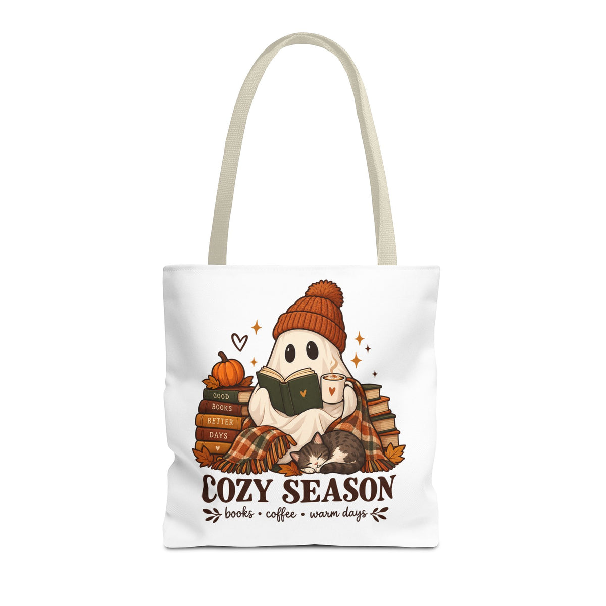 Cozy Season Tote Bag – Autumn Ghost Reading with Books, Coffee & Warm Days