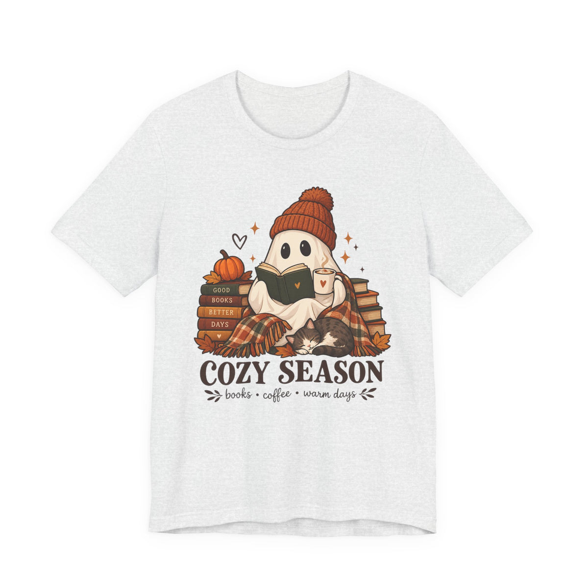 Cute Ghost with Books, Pumpkin & 'Cozy Season' Fall Shirt