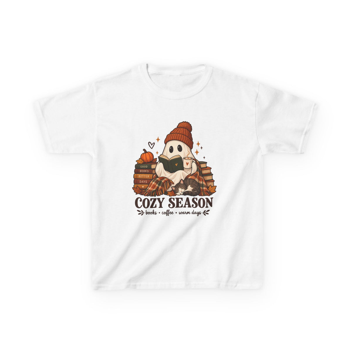 Kids Tee — "Cozy Season" Cute Ghost with Books & Pumpkin Fall Shirt