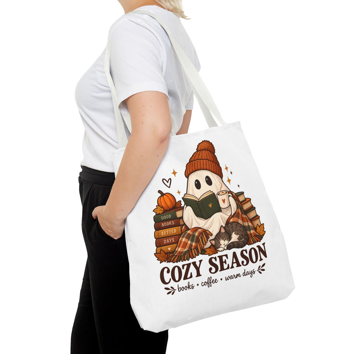 Cozy Season Tote Bag – Autumn Ghost Reading with Books, Coffee & Warm Days