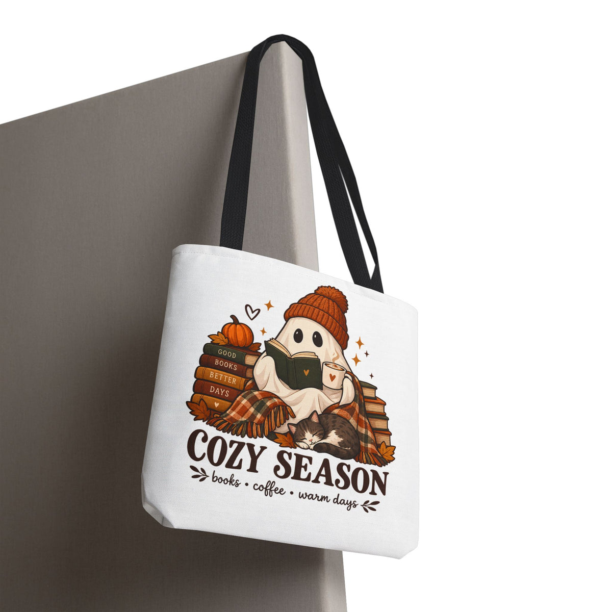 Cozy Season Tote Bag – Autumn Ghost Reading with Books, Coffee & Warm Days