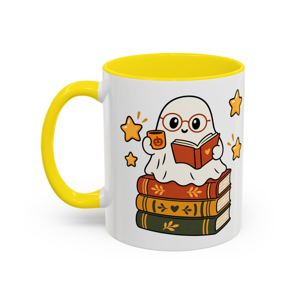 Reading Ghost Coffee Mug — Cute Halloween Book Lover Accent Mug 11oz / 15oz