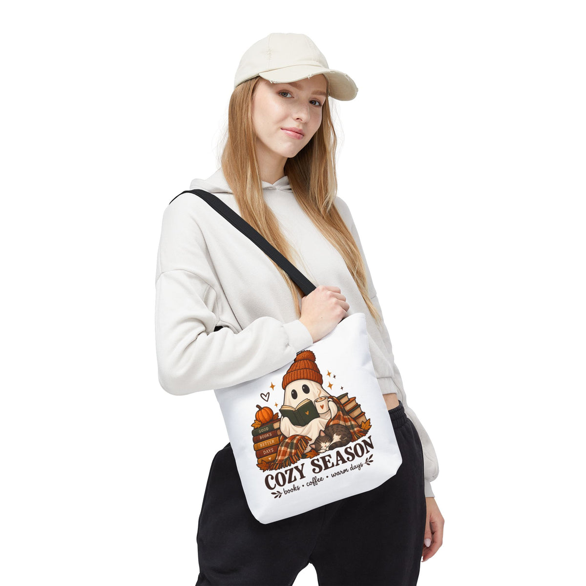 Cozy Season Tote Bag – Autumn Ghost Reading with Books, Coffee & Warm Days
