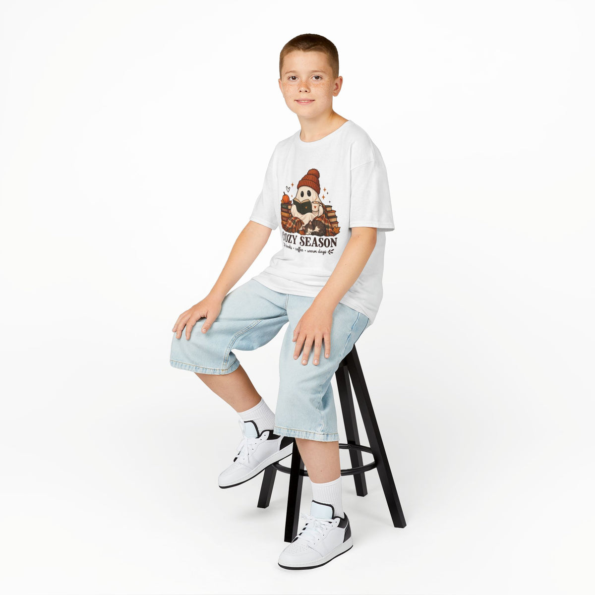 Kids Tee — "Cozy Season" Cute Ghost with Books & Pumpkin Fall Shirt