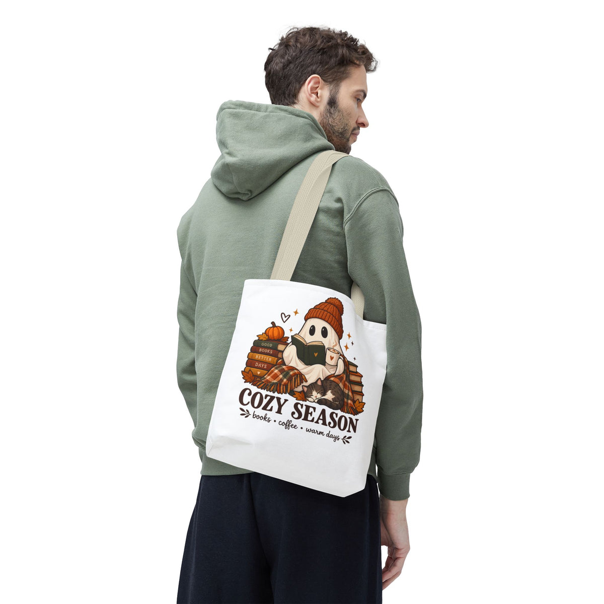 Cozy Season Tote Bag – Autumn Ghost Reading with Books, Coffee & Warm Days