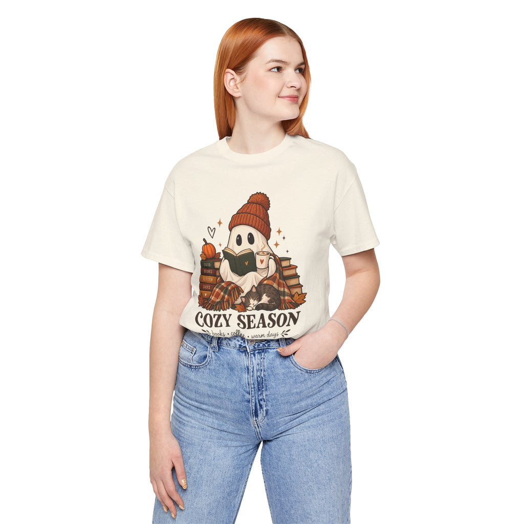 Cute Ghost with Books, Pumpkin & 'Cozy Season' Fall Shirt
