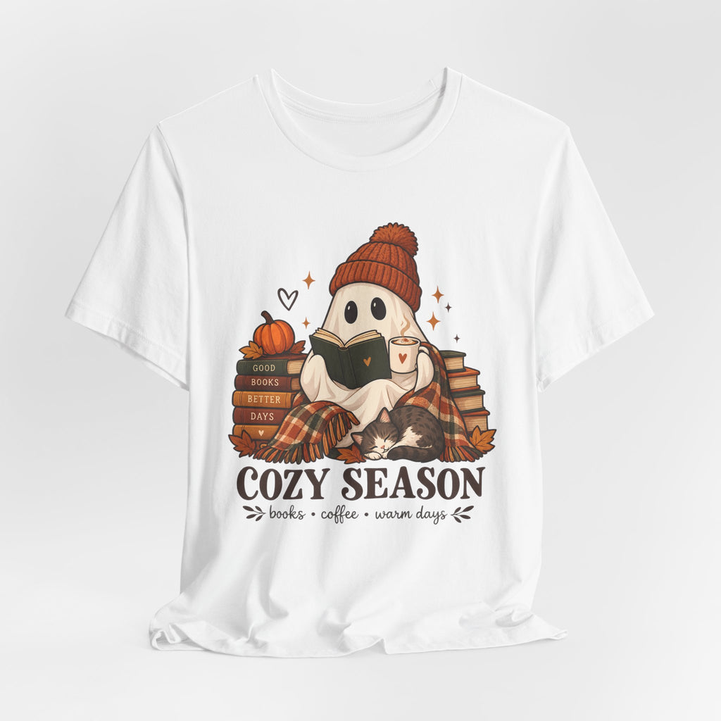 Cute Ghost with Books, Pumpkin & 'Cozy Season' Fall Shirt