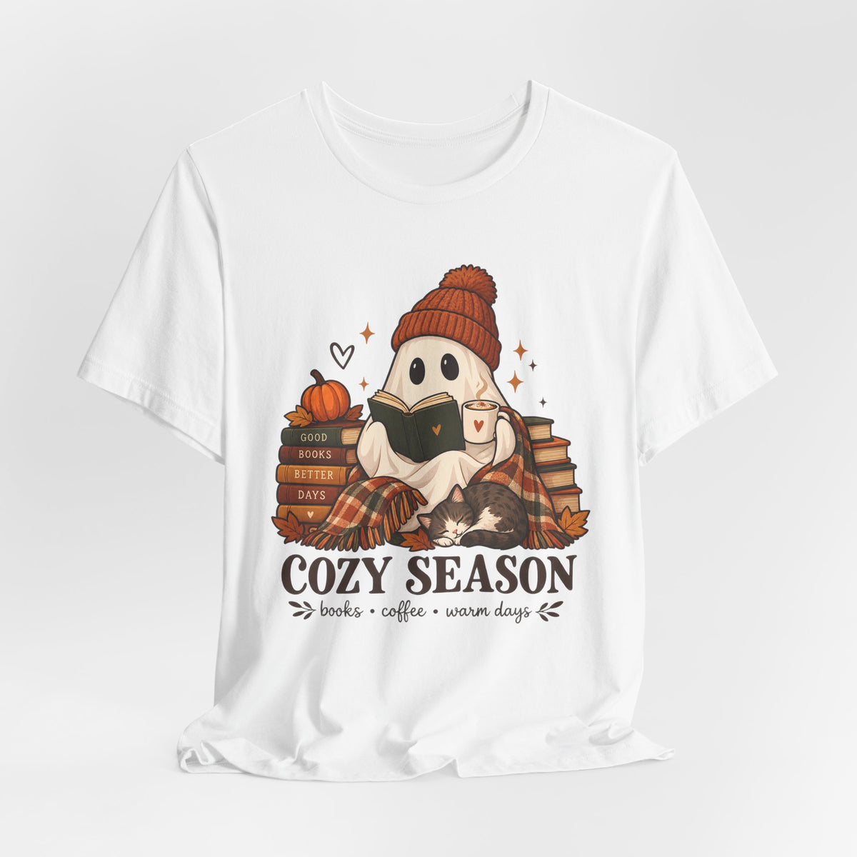 Cute Ghost with Books, Pumpkin & 'Cozy Season' Fall Shirt