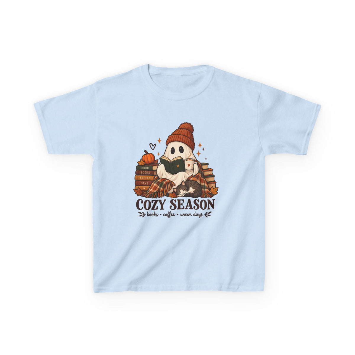Kids Tee — "Cozy Season" Cute Ghost with Books & Pumpkin Fall Shirt