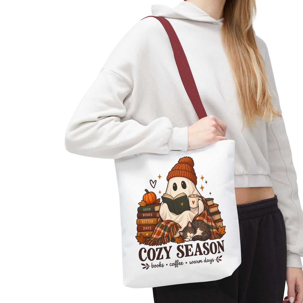 Cozy Season Tote Bag – Autumn Ghost Reading with Books, Coffee & Warm Days