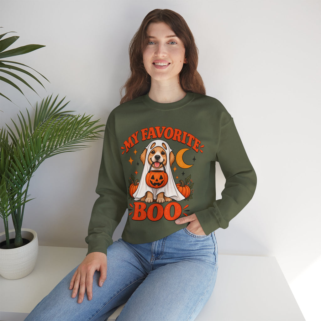 Get into the cozy, spooky spirit with our 'My Dog Is My Favorite Boo' Crewneck Sweatshirt!