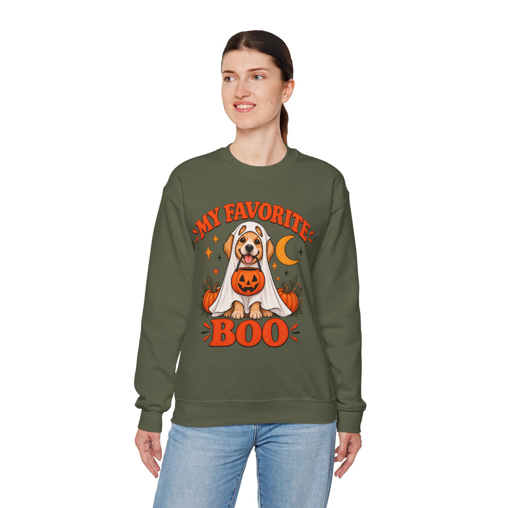 Get into the cozy, spooky spirit with our 'My Dog Is My Favorite Boo' Crewneck Sweatshirt!