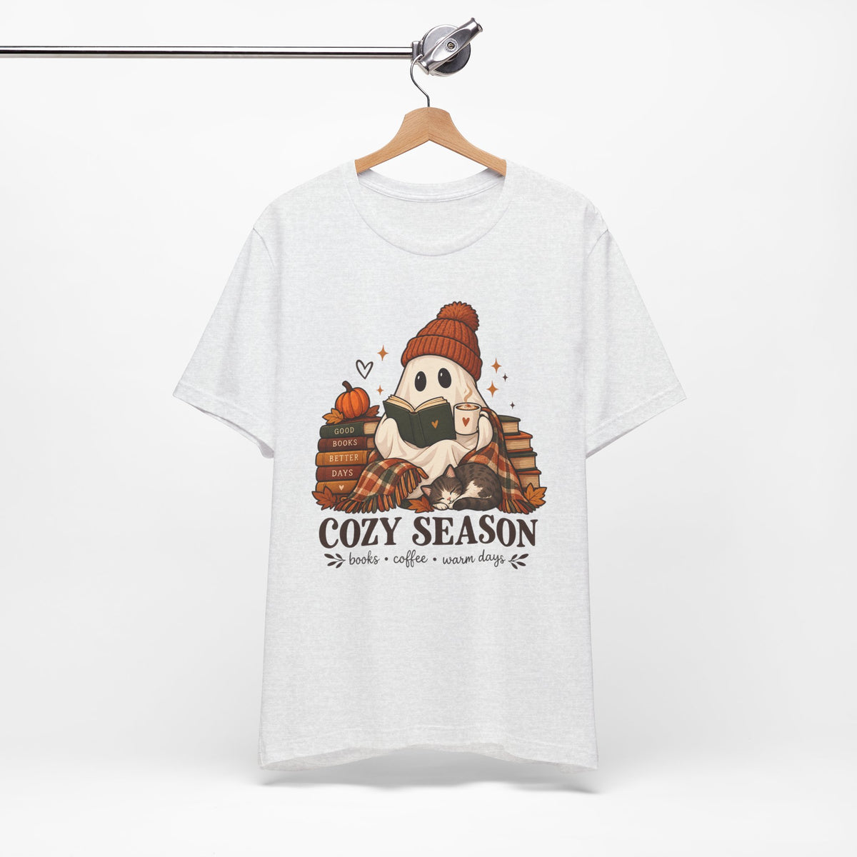 Cute Ghost with Books, Pumpkin & 'Cozy Season' Fall Shirt