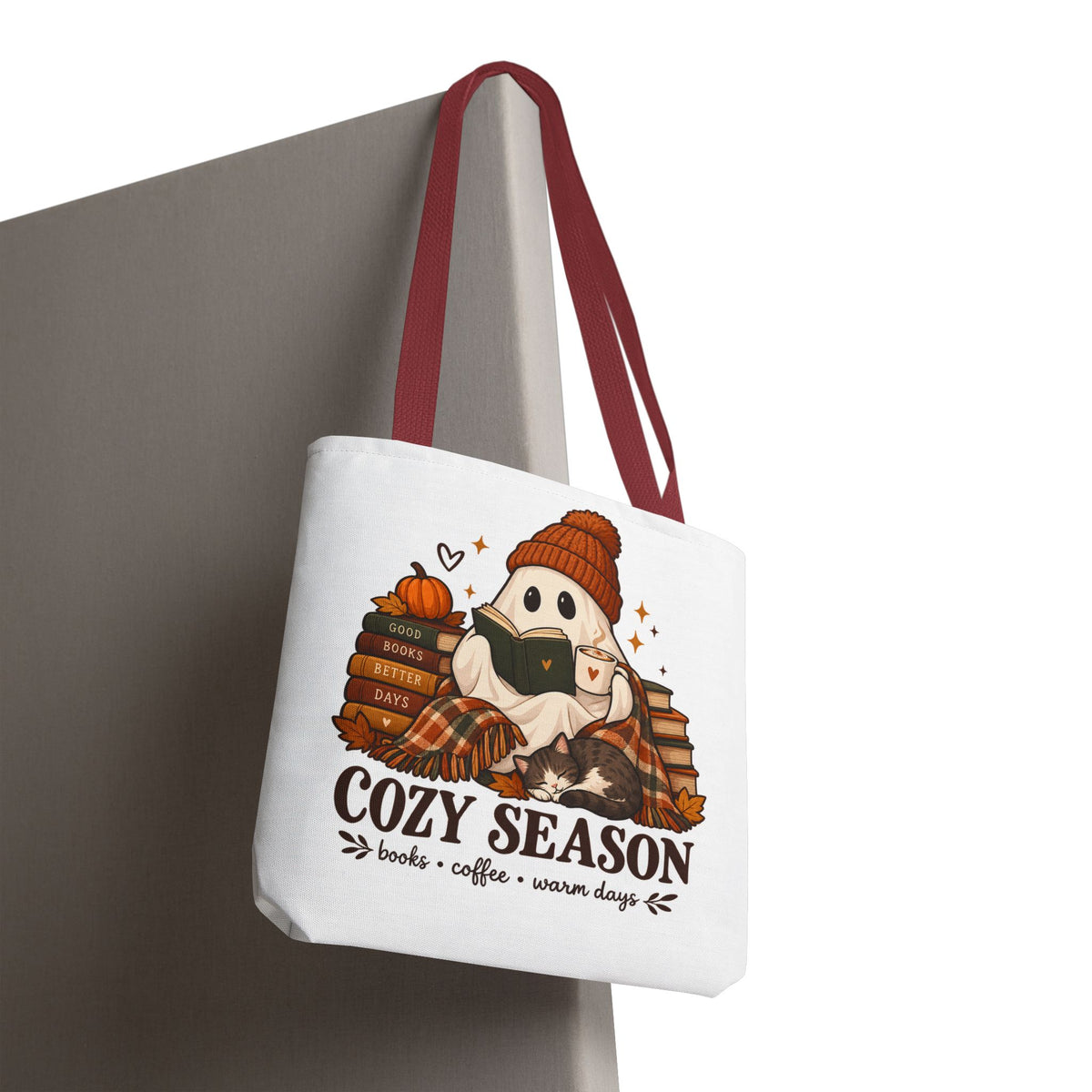Cozy Season Tote Bag – Autumn Ghost Reading with Books, Coffee & Warm Days