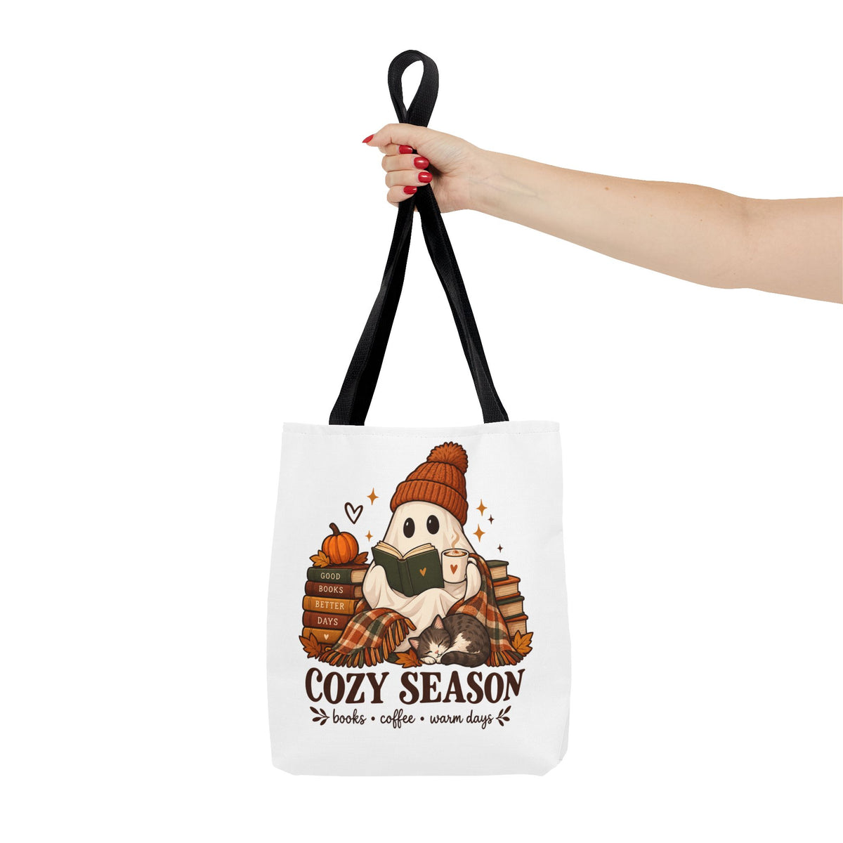 Cozy Season Tote Bag – Autumn Ghost Reading with Books, Coffee & Warm Days