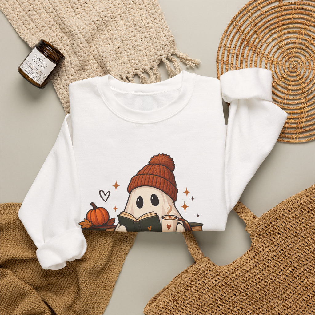 Cozy Season Sweatshirt — Cute Ghost with Books, Coffee & Warm Vibes