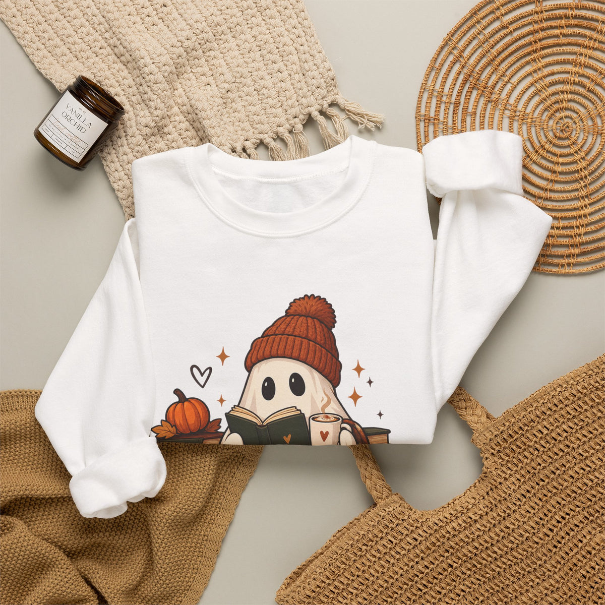 Cozy Season Sweatshirt — Cute Ghost with Books, Coffee & Warm Vibes