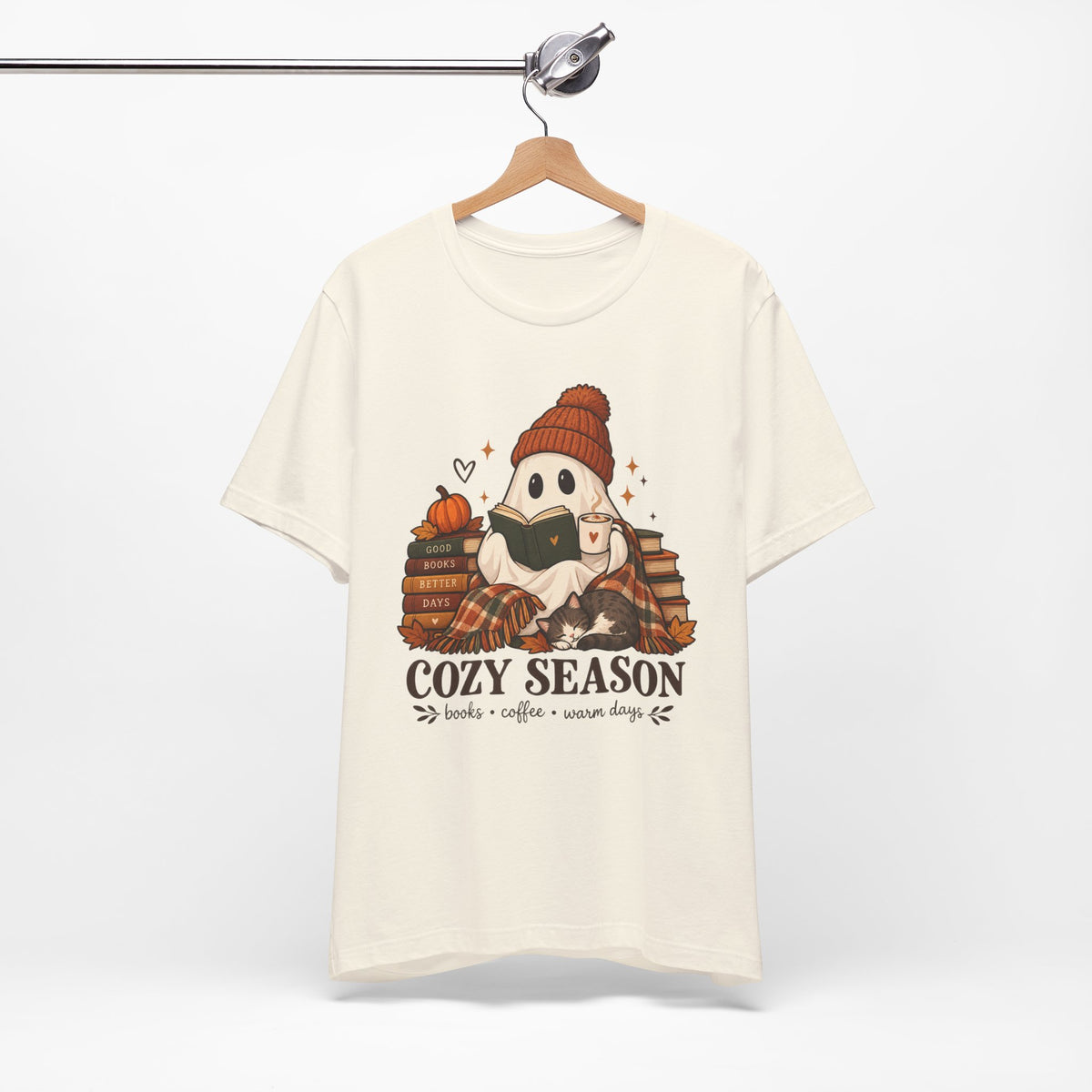 Cute Ghost with Books, Pumpkin & 'Cozy Season' Fall Shirt