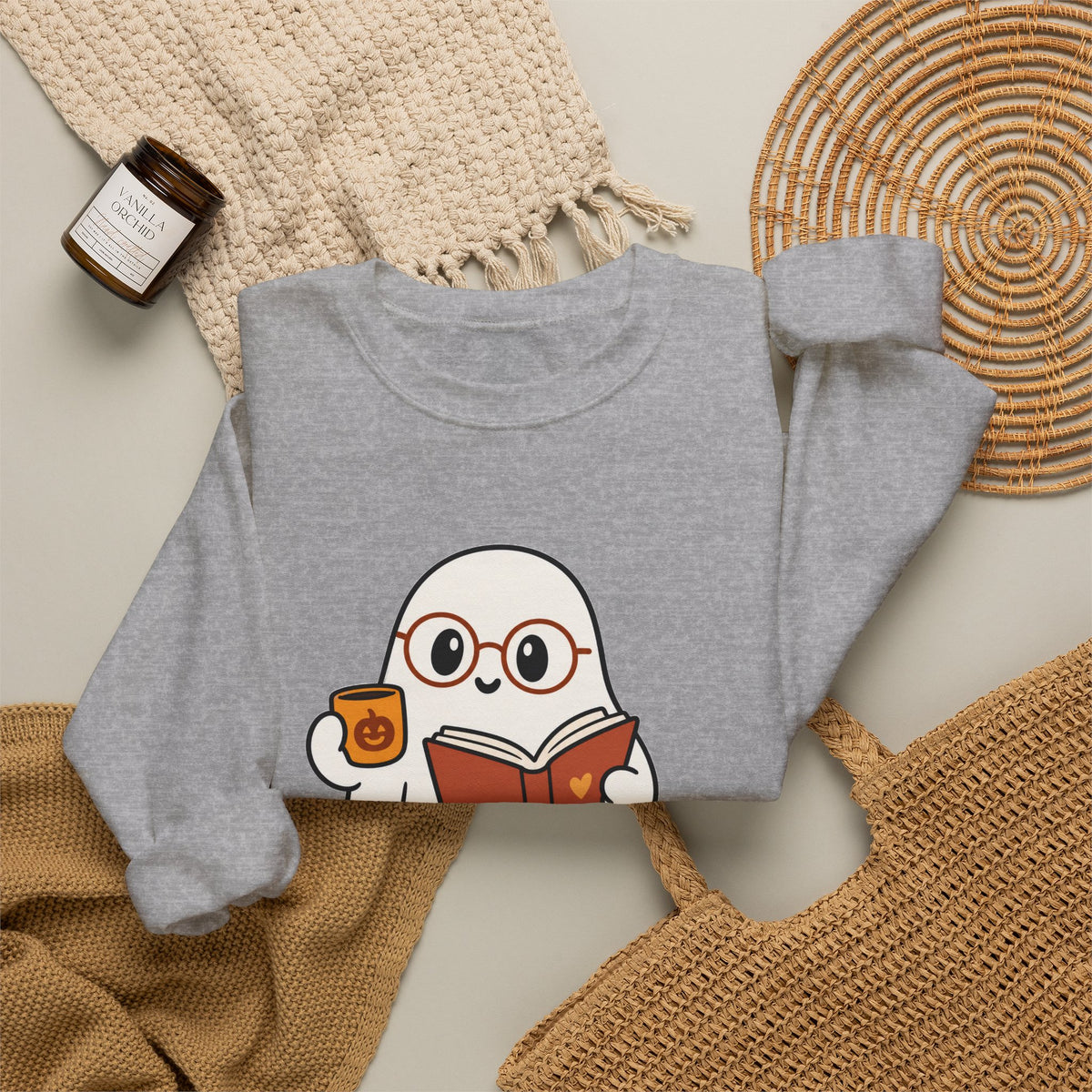 Ghost Reader Sweatshirt — Cute Bookworm Ghost on Stacked Books with Coffee