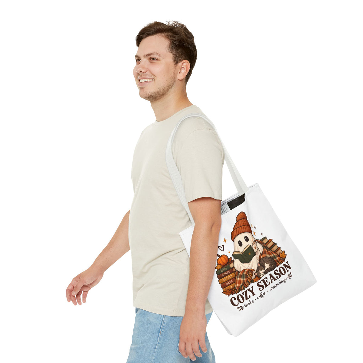 Cozy Season Tote Bag – Autumn Ghost Reading with Books, Coffee & Warm Days