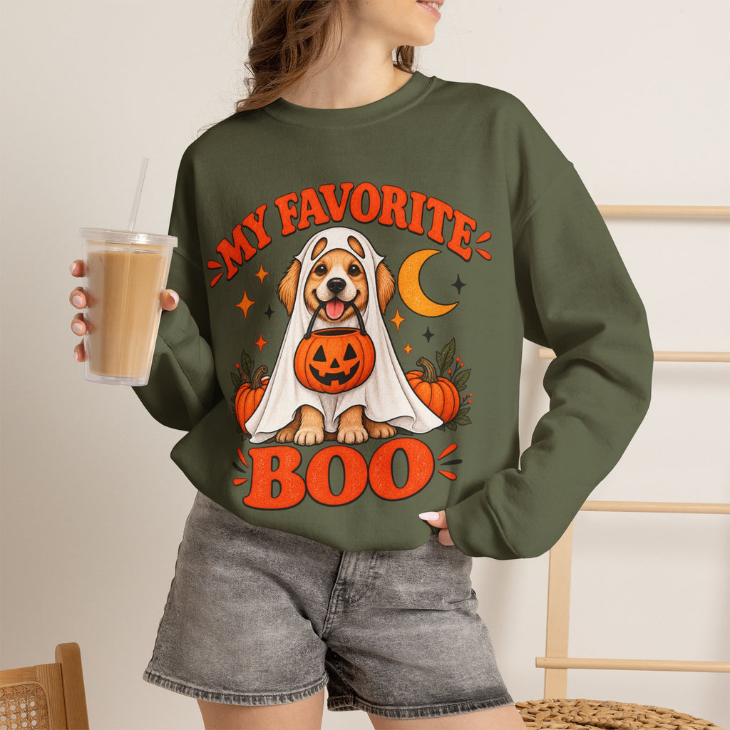 Get into the cozy, spooky spirit with our 'My Dog Is My Favorite Boo' Crewneck Sweatshirt!