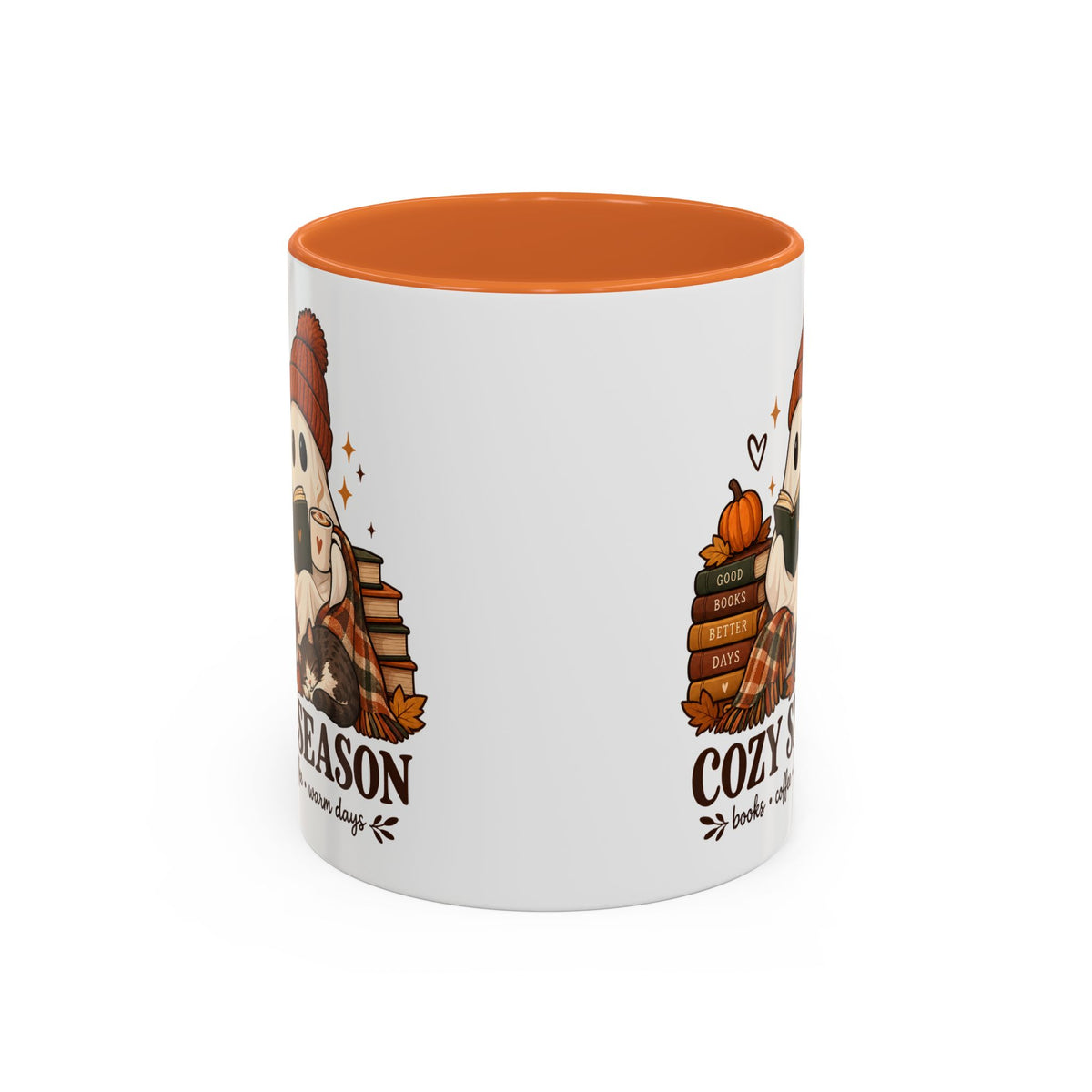 Cozy Season Ghost Accent Mug — Reading Ghost with Cat 11oz/15oz