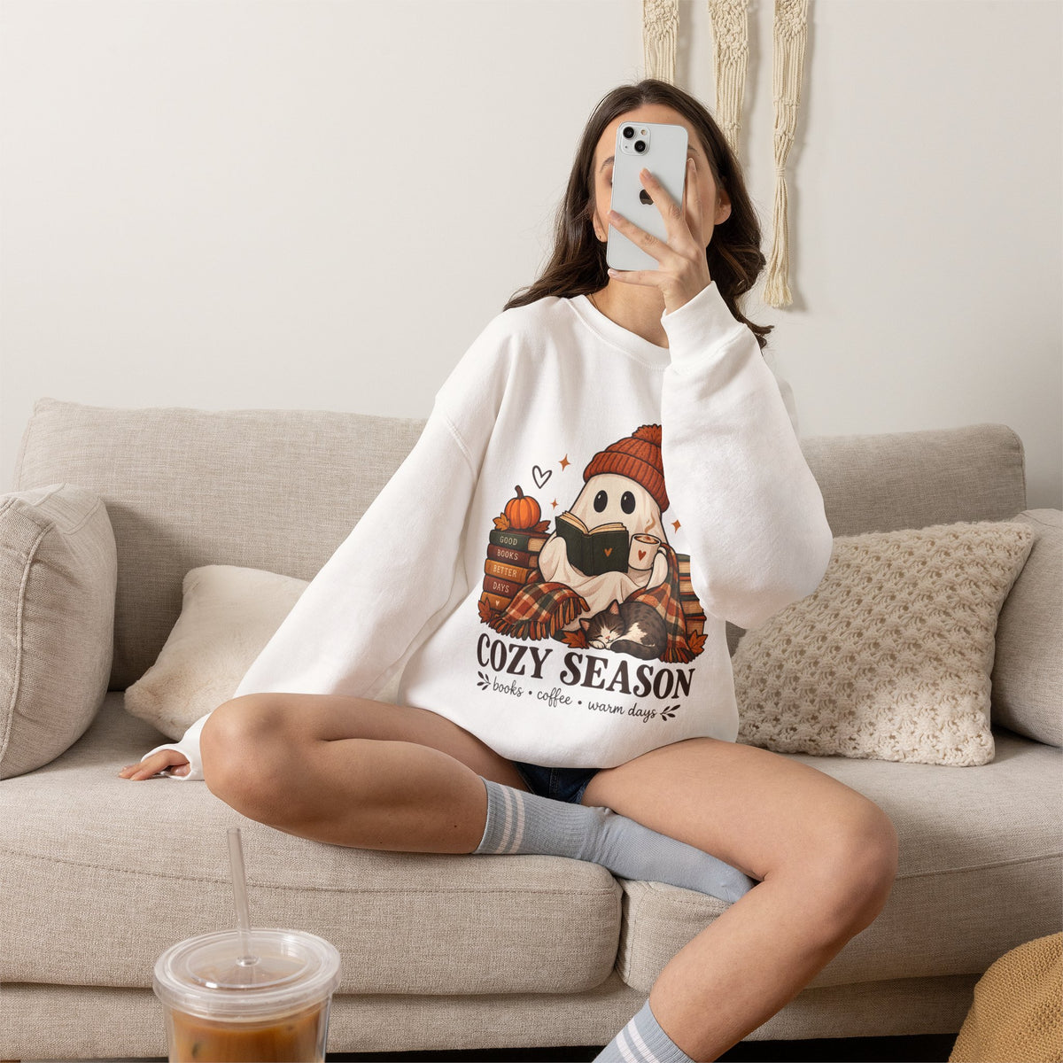 Cozy Season Sweatshirt — Cute Ghost with Books, Coffee & Warm Vibes