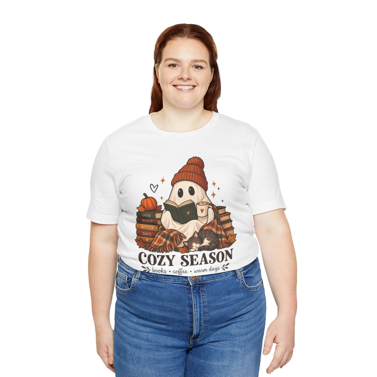 Cute Ghost with Books, Pumpkin & 'Cozy Season' Fall Shirt