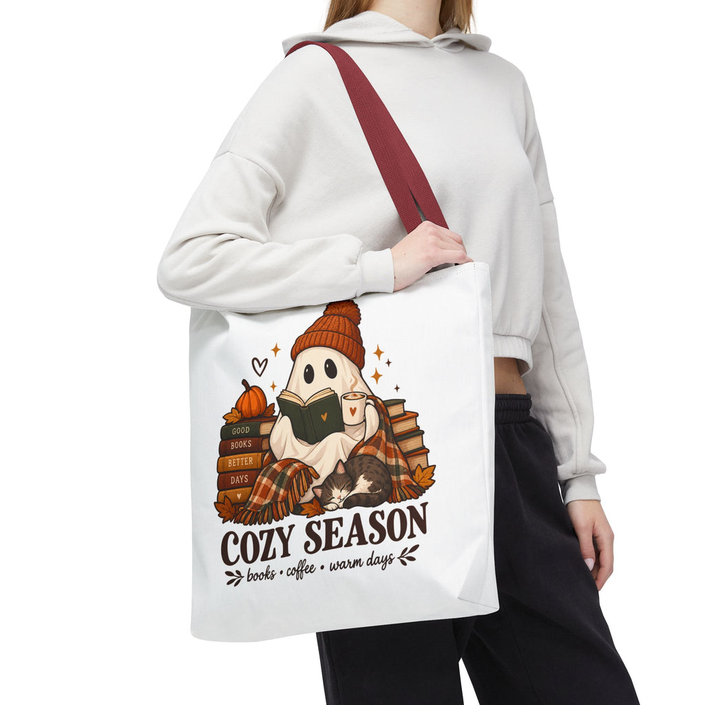 Cozy Season Tote Bag – Autumn Ghost Reading with Books, Coffee & Warm Days