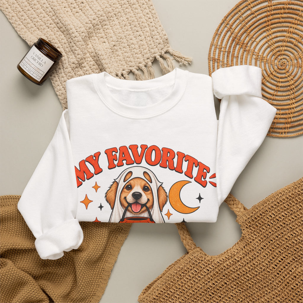 Get into the cozy, spooky spirit with our 'My Dog Is My Favorite Boo' Crewneck Sweatshirt!