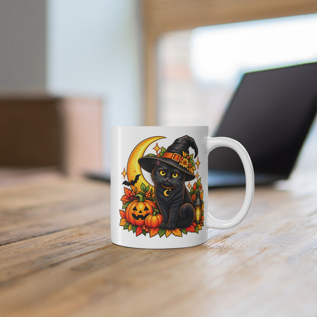 Witchy Halloween Cat Mug — Retro Spooky Moon Design