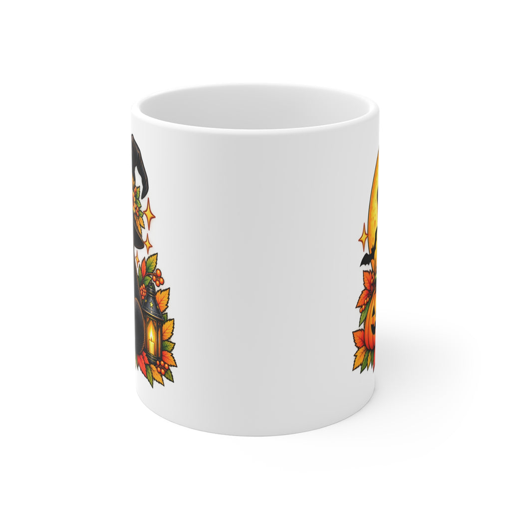 Witchy Halloween Cat Mug — Retro Spooky Moon Design