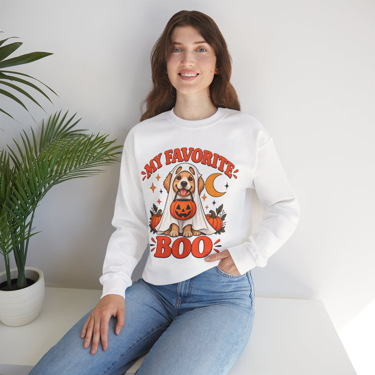 Get into the cozy, spooky spirit with our 'My Dog Is My Favorite Boo' Crewneck Sweatshirt!