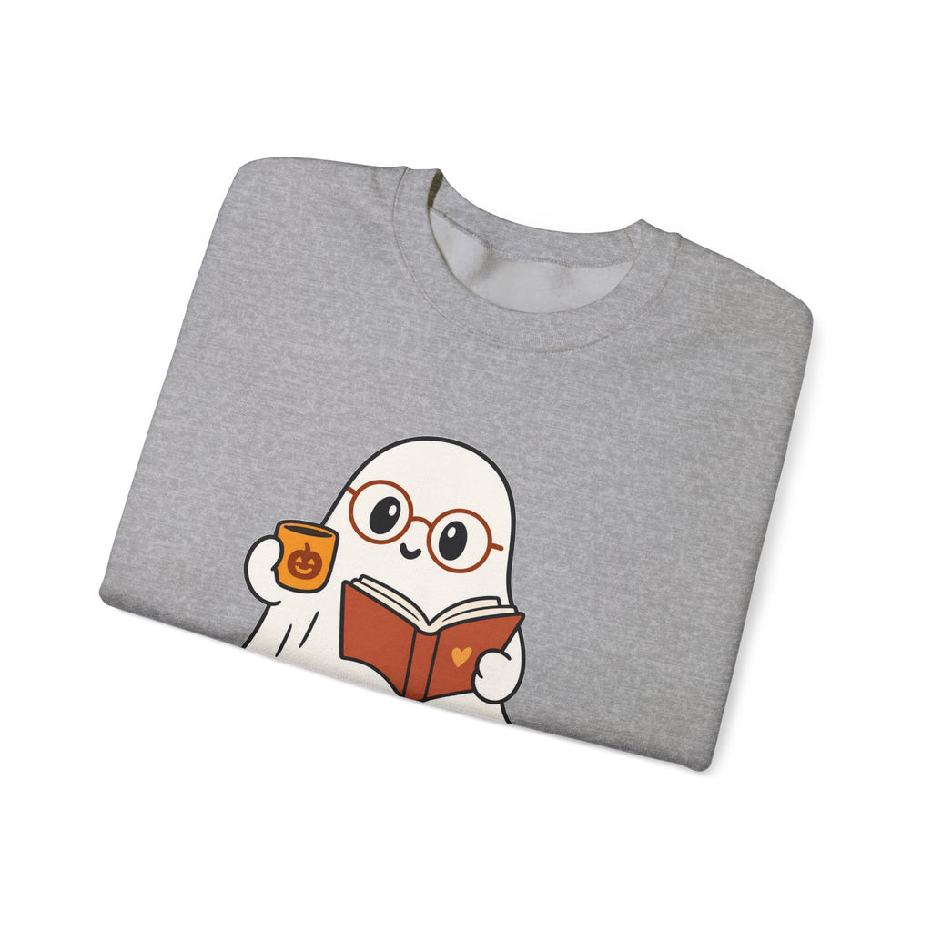 Ghost Reader Sweatshirt — Cute Bookworm Ghost on Stacked Books with Coffee