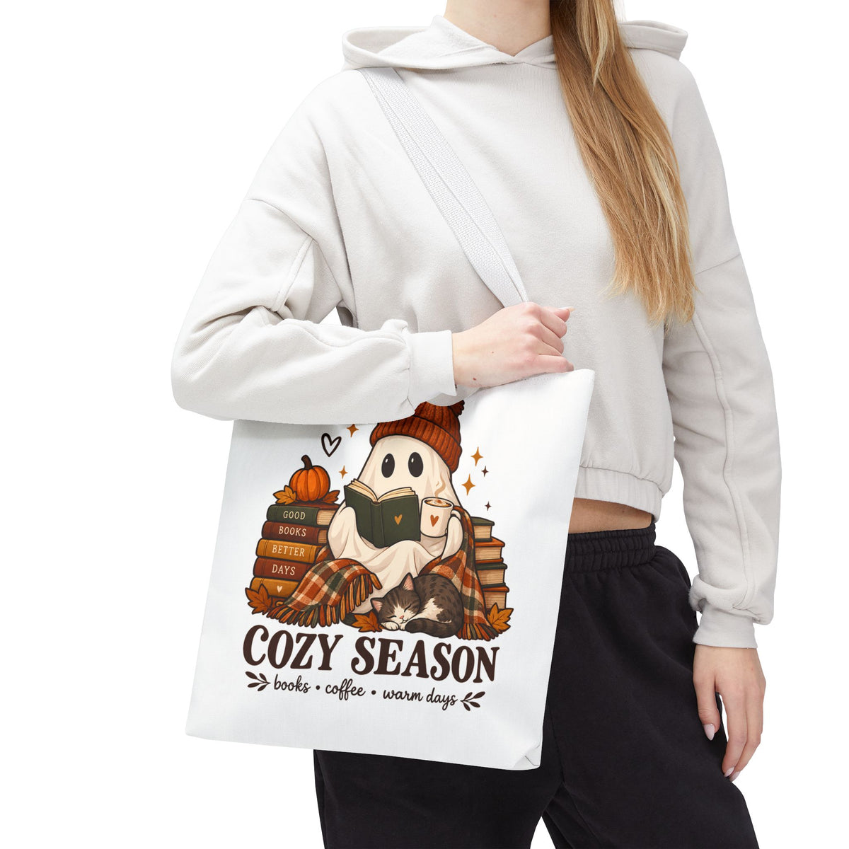 Cozy Season Tote Bag – Autumn Ghost Reading with Books, Coffee & Warm Days