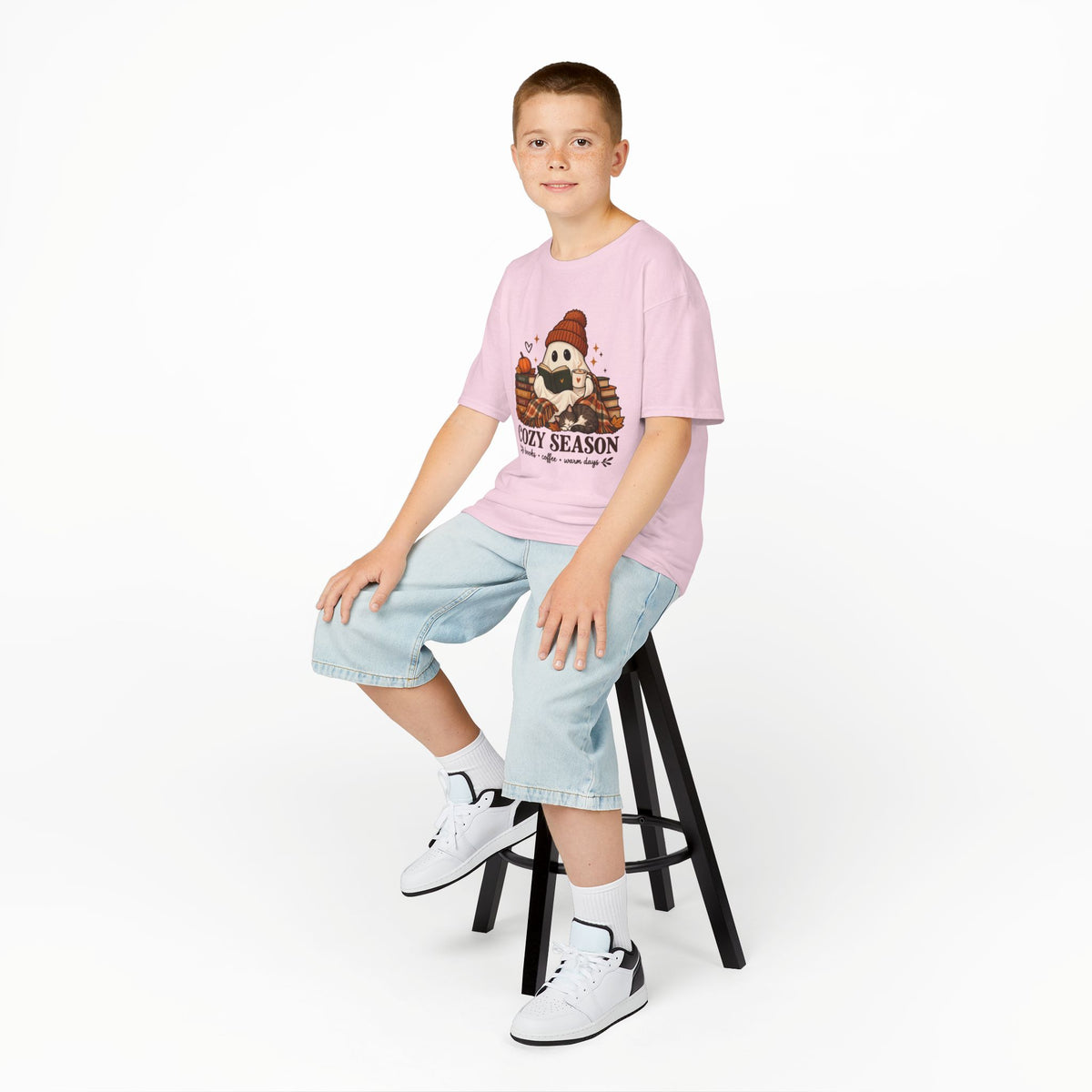 Kids Tee — "Cozy Season" Cute Ghost with Books & Pumpkin Fall Shirt