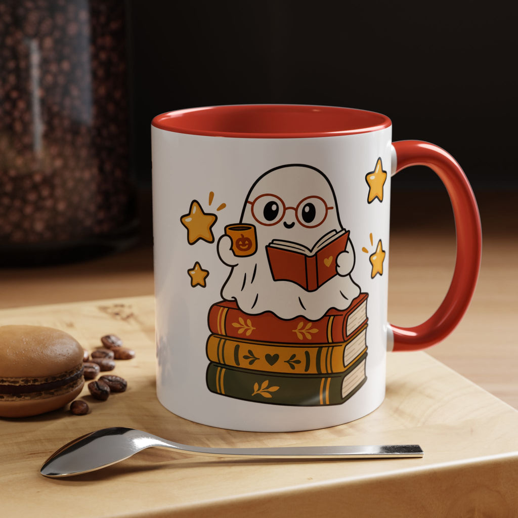 Reading Ghost Coffee Mug — Cute Halloween Book Lover Accent Mug 11oz / 15oz