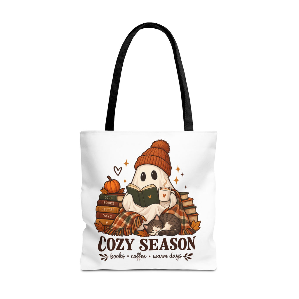 Cozy Season Tote Bag – Autumn Ghost Reading with Books, Coffee & Warm Days