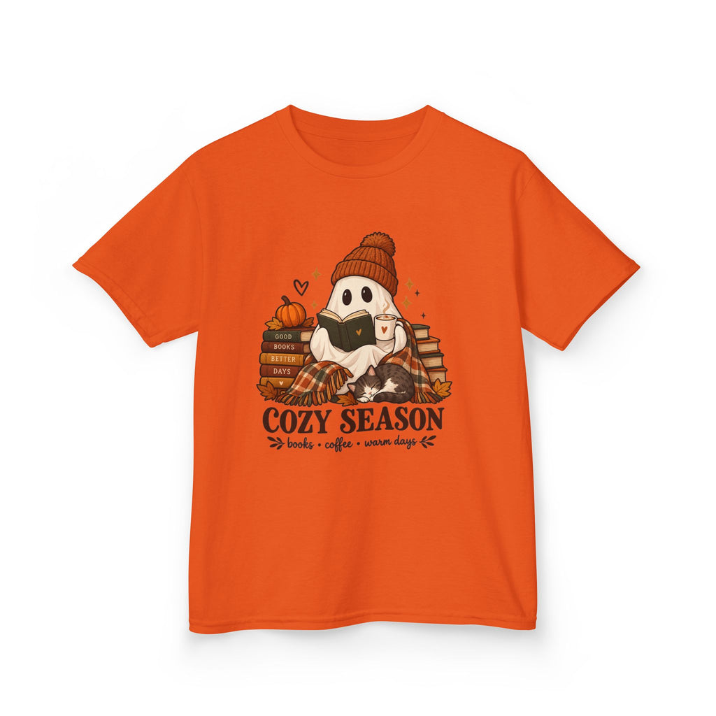 Kids Tee — "Cozy Season" Cute Ghost with Books & Pumpkin Fall Shirt