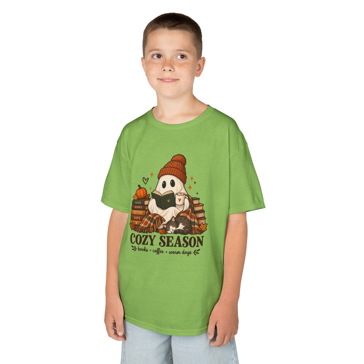 Kids Tee — "Cozy Season" Cute Ghost with Books & Pumpkin Fall Shirt
