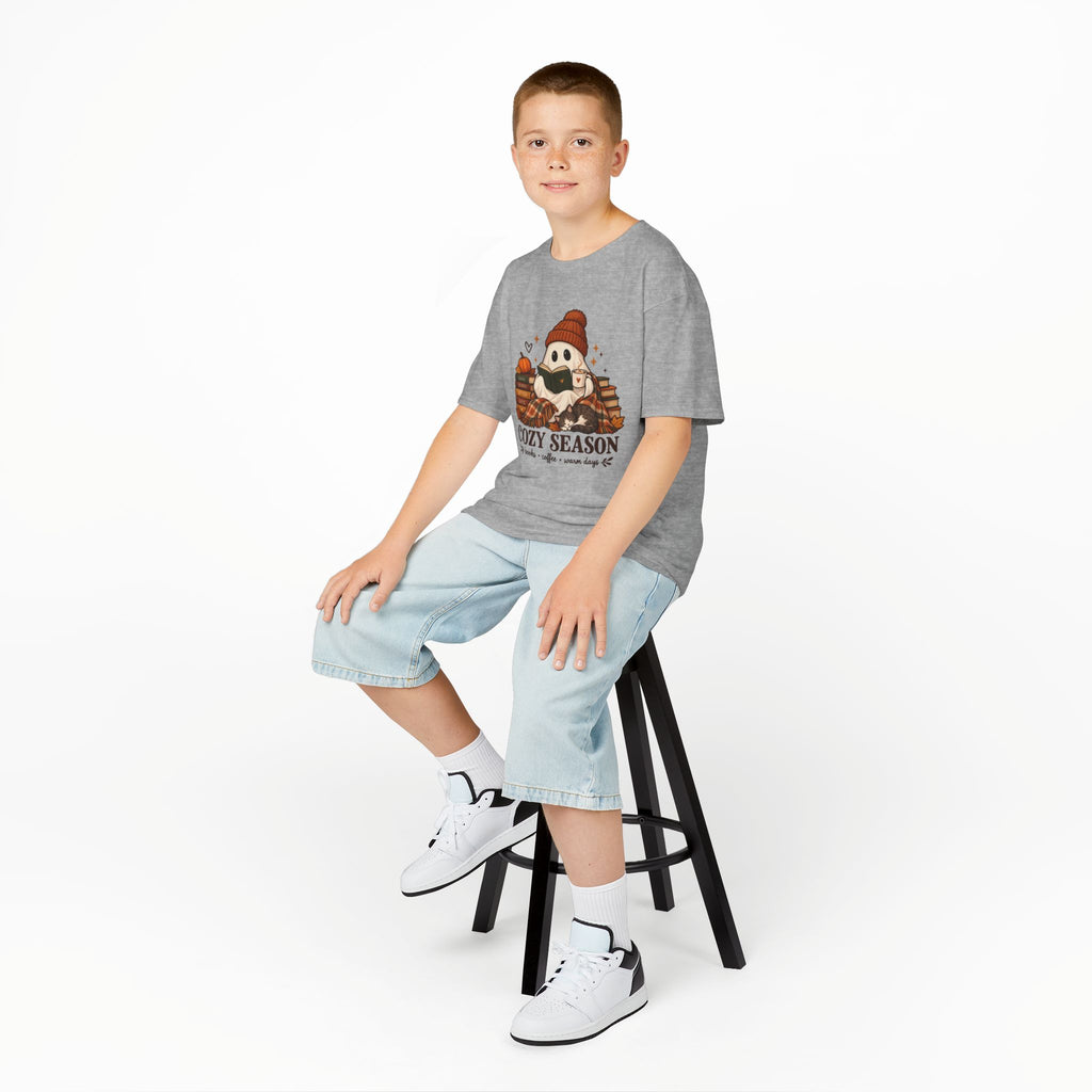 Kids Tee — "Cozy Season" Cute Ghost with Books & Pumpkin Fall Shirt