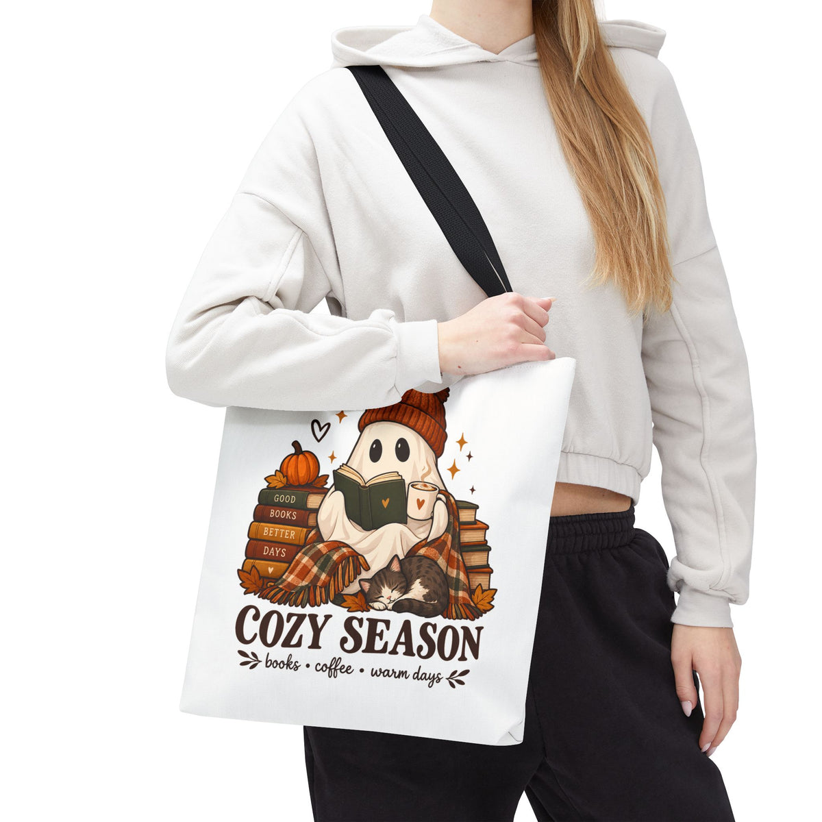 Cozy Season Tote Bag – Autumn Ghost Reading with Books, Coffee & Warm Days