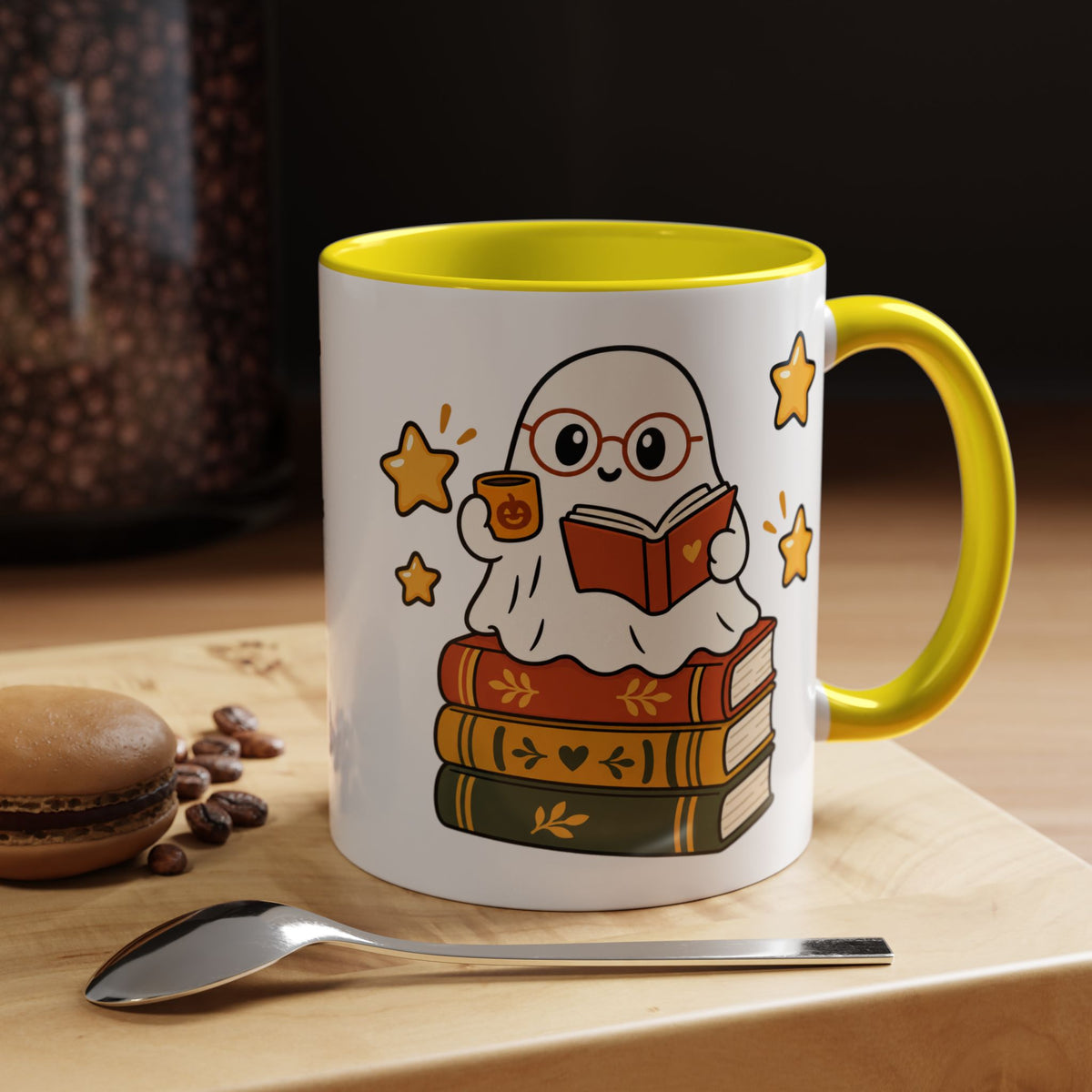 Reading Ghost Coffee Mug — Cute Halloween Book Lover Accent Mug 11oz / 15oz