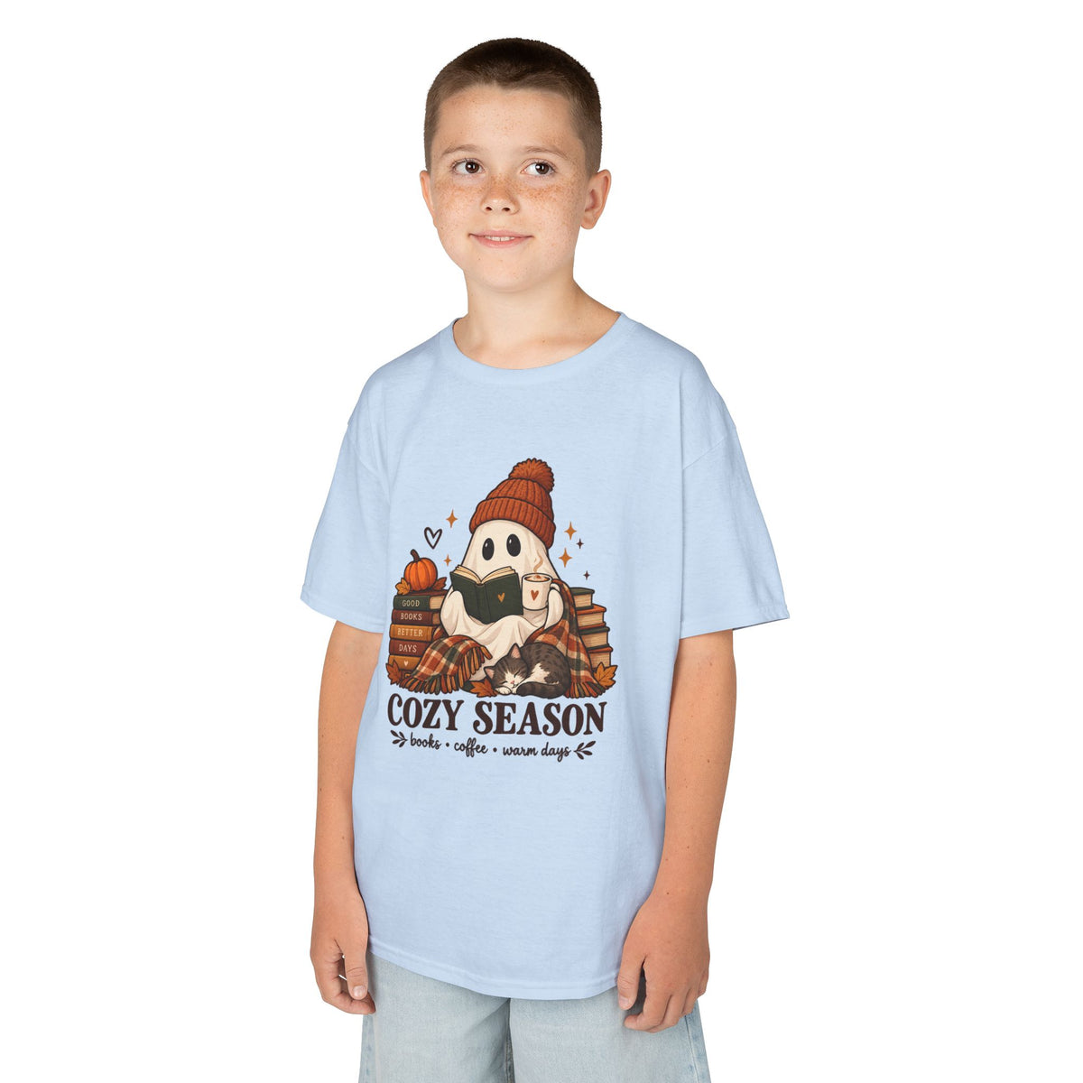 Kids Tee — "Cozy Season" Cute Ghost with Books & Pumpkin Fall Shirt
