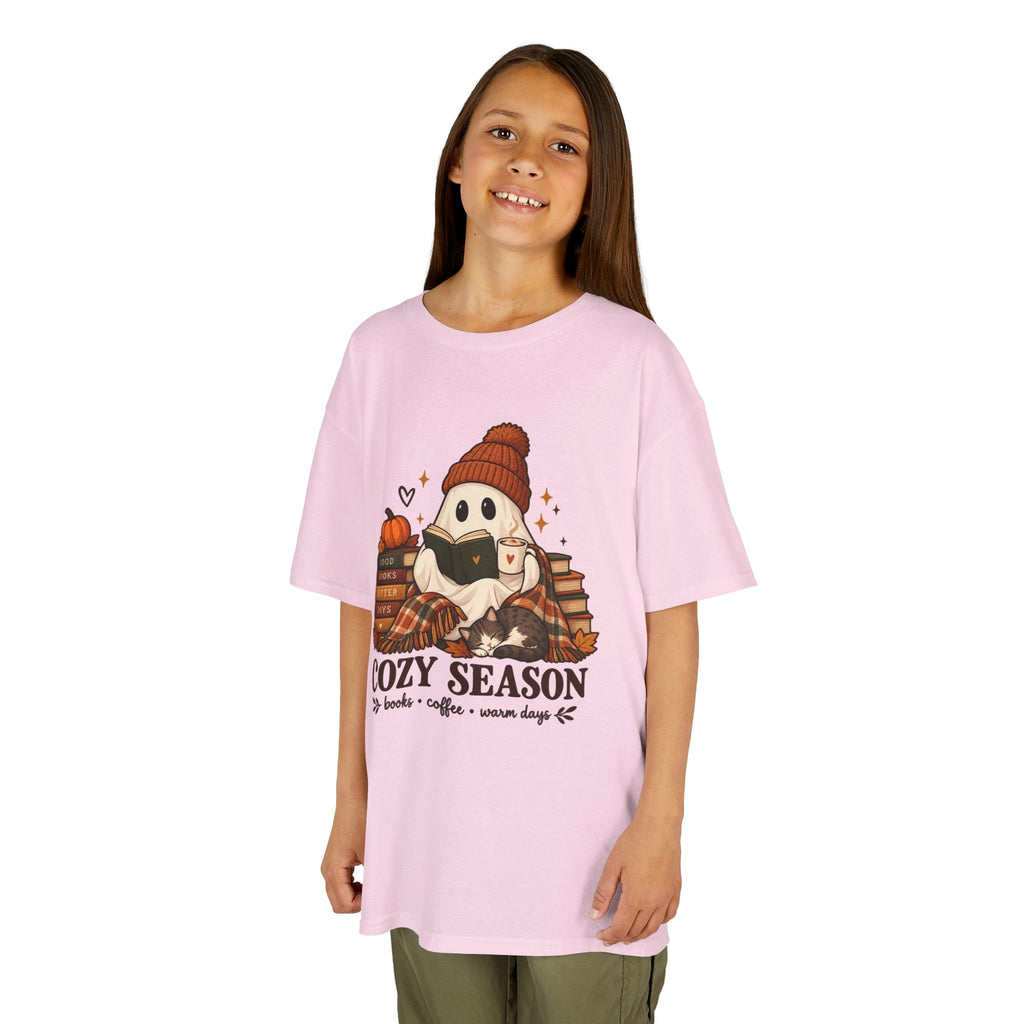 Kids Tee — "Cozy Season" Cute Ghost with Books & Pumpkin Fall Shirt