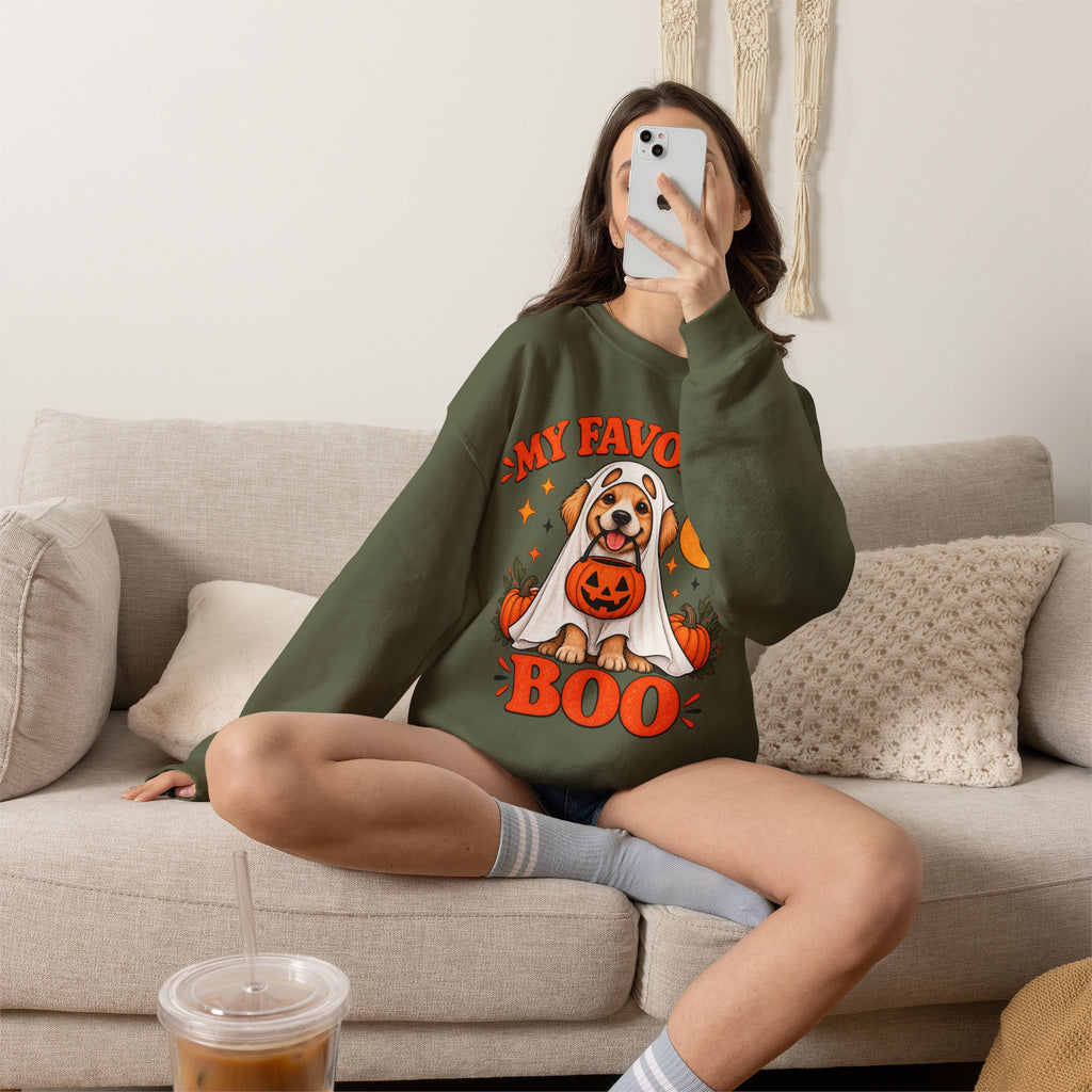 Get into the cozy, spooky spirit with our 'My Dog Is My Favorite Boo' Crewneck Sweatshirt!