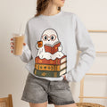 Ghost Reader Sweatshirt — Cute Bookworm Ghost on Stacked Books with Coffee