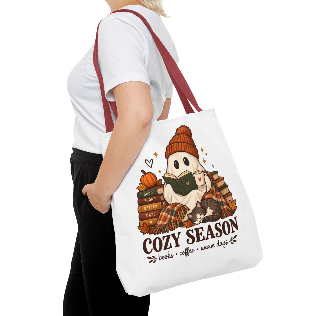 Cozy Season Tote Bag – Autumn Ghost Reading with Books, Coffee & Warm Days
